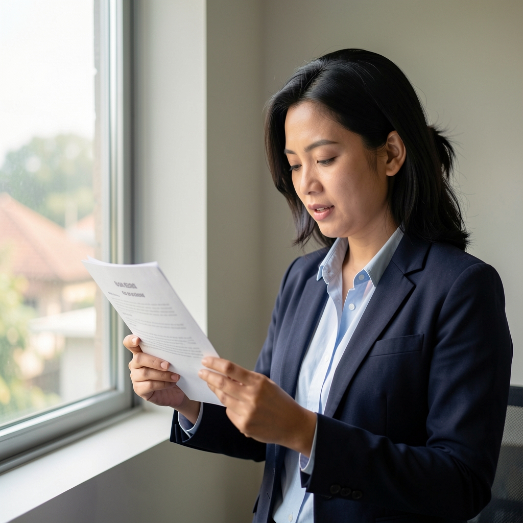 Indonesian editorial writer reviewing printed supplement notes beside a window in soft daylight