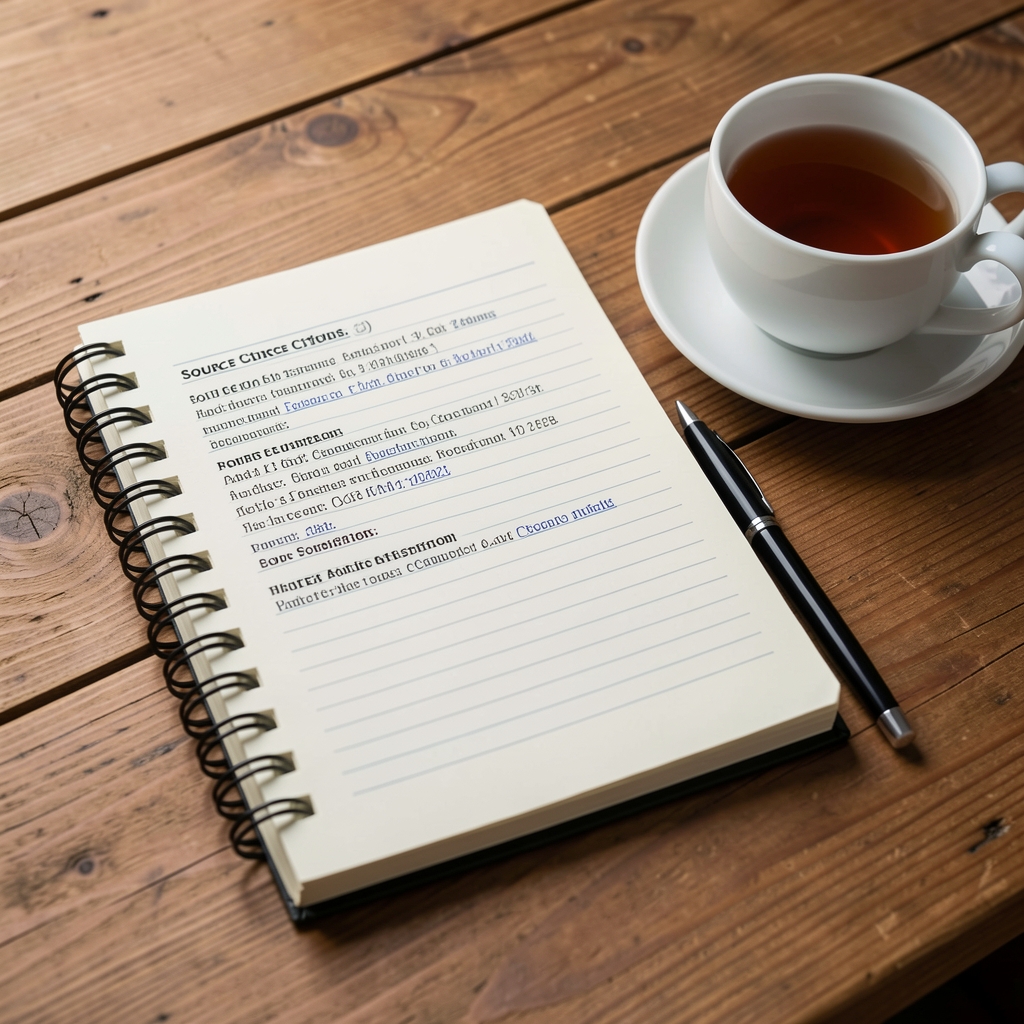 Notebook with source citations and a pen resting beside a cup of tea on a wooden desk